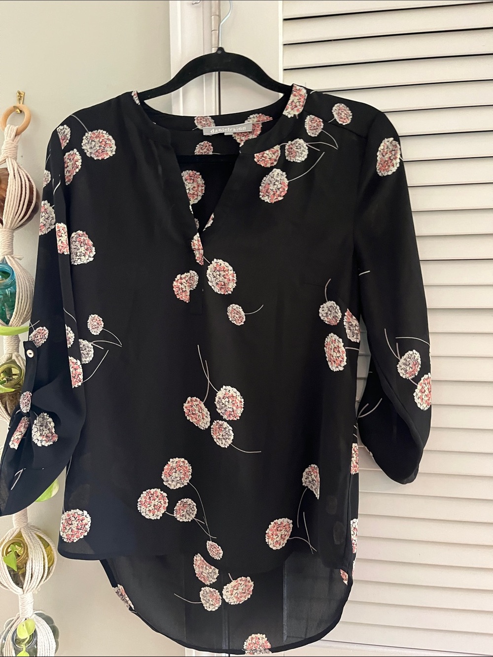 Daniel Rainn Black Floral V-Neck Blouse with Pink White Blooms